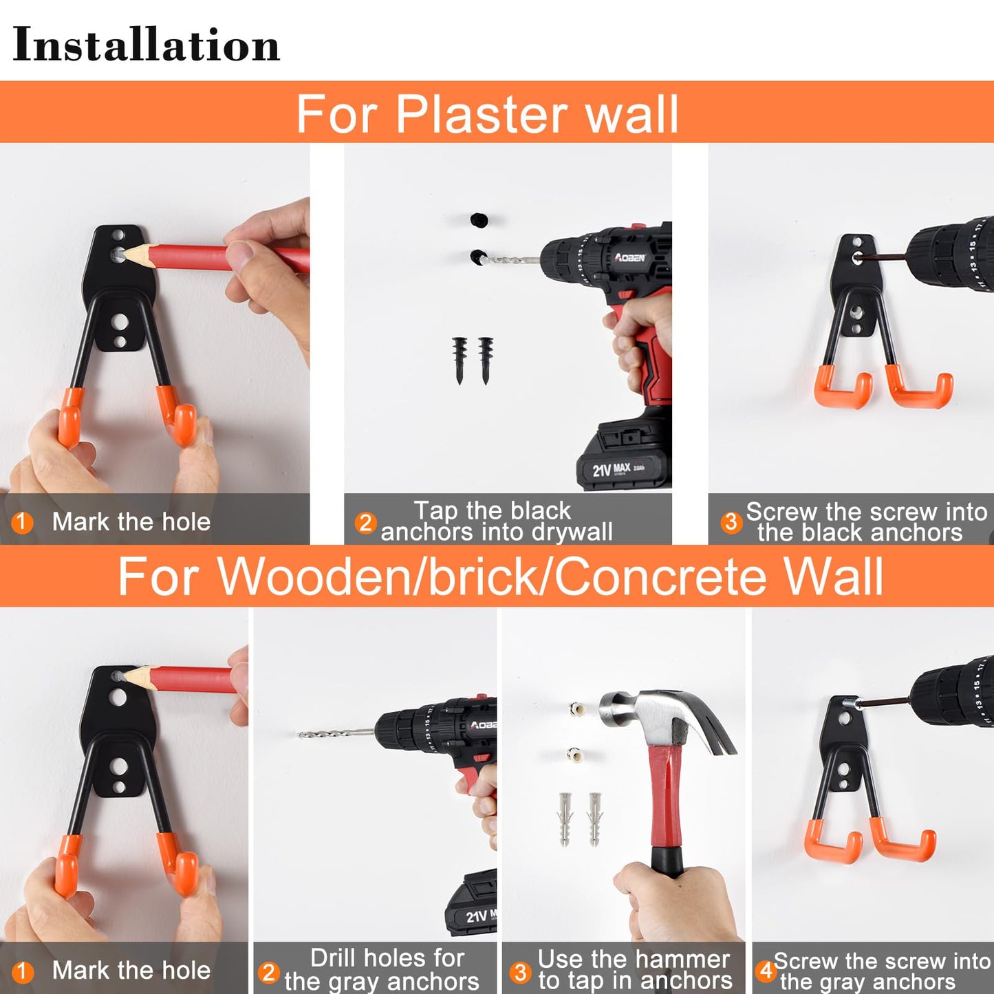 AOBEN 24PCS Garage Hooks, Heavy Duty Double Garage Hanger Organizer Wall Mount Iron Anti-Slip Garage Storage Hooks for Ladder, Power Tool,Bike,Ropes（23 Hooks & 1 hoder Strap-Orange