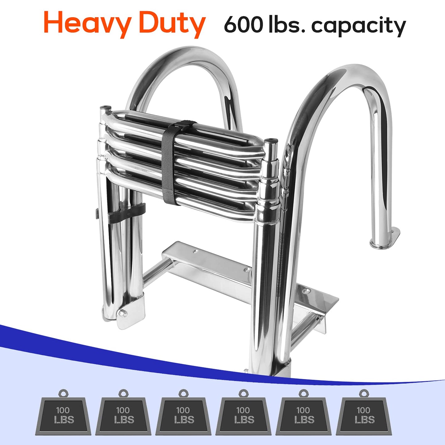4 Step Pontoon Boat Ladder, 316 Stainless Steel Folding Telescoping Ladder Rear Entry Inboard Ladders All Welded Reinforce Heavy Duty Max.Load 600 Pound with Wide Steps & Safe Handrails