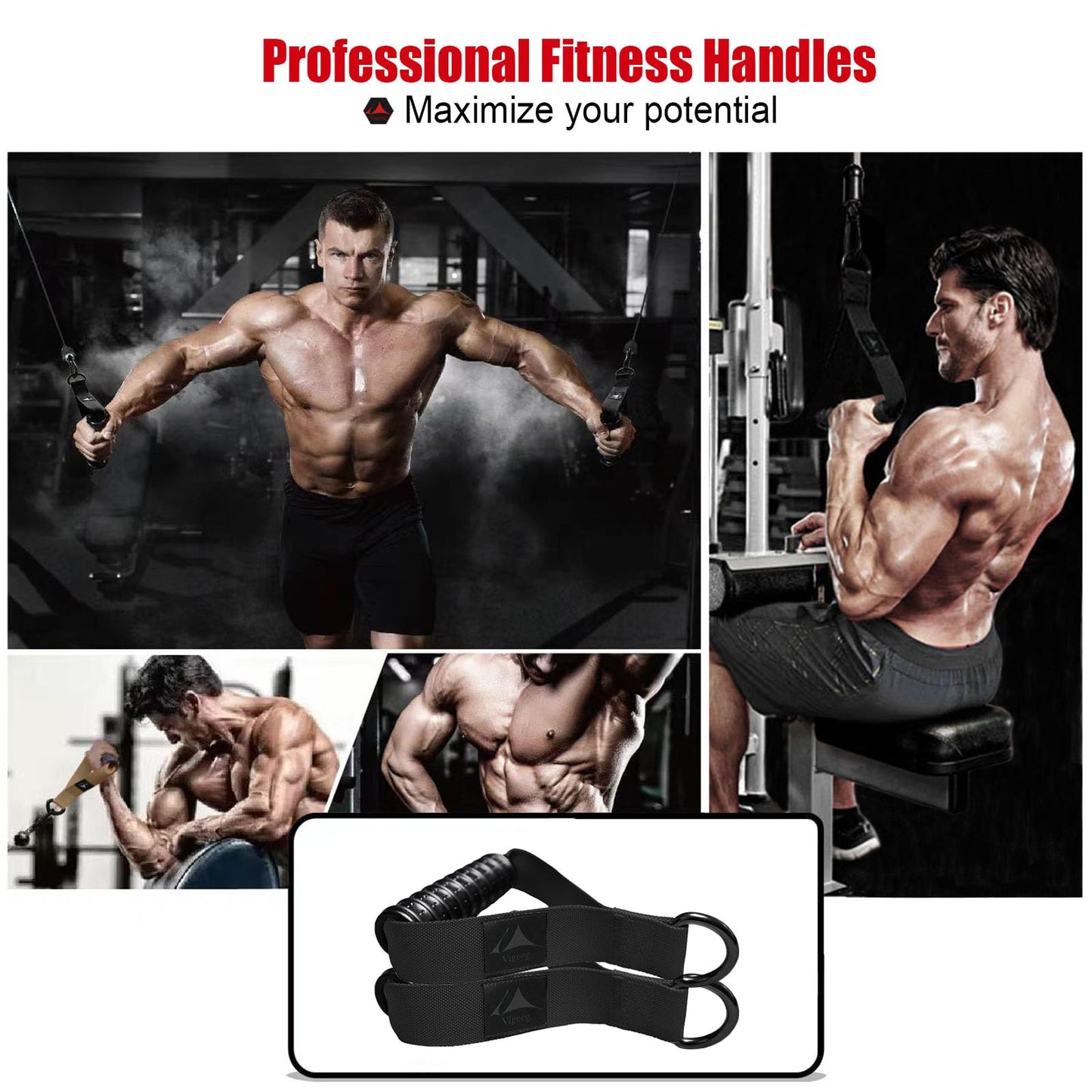 Vigoog Heavy Duty Exercise Handles, Ultra-Durable Rubber Workout Grip Attachments for Cable Machines, LAT Pulldown, Resistance Bands, Home Gym and Commercial Fitness Equipment (Carbon Black XG)