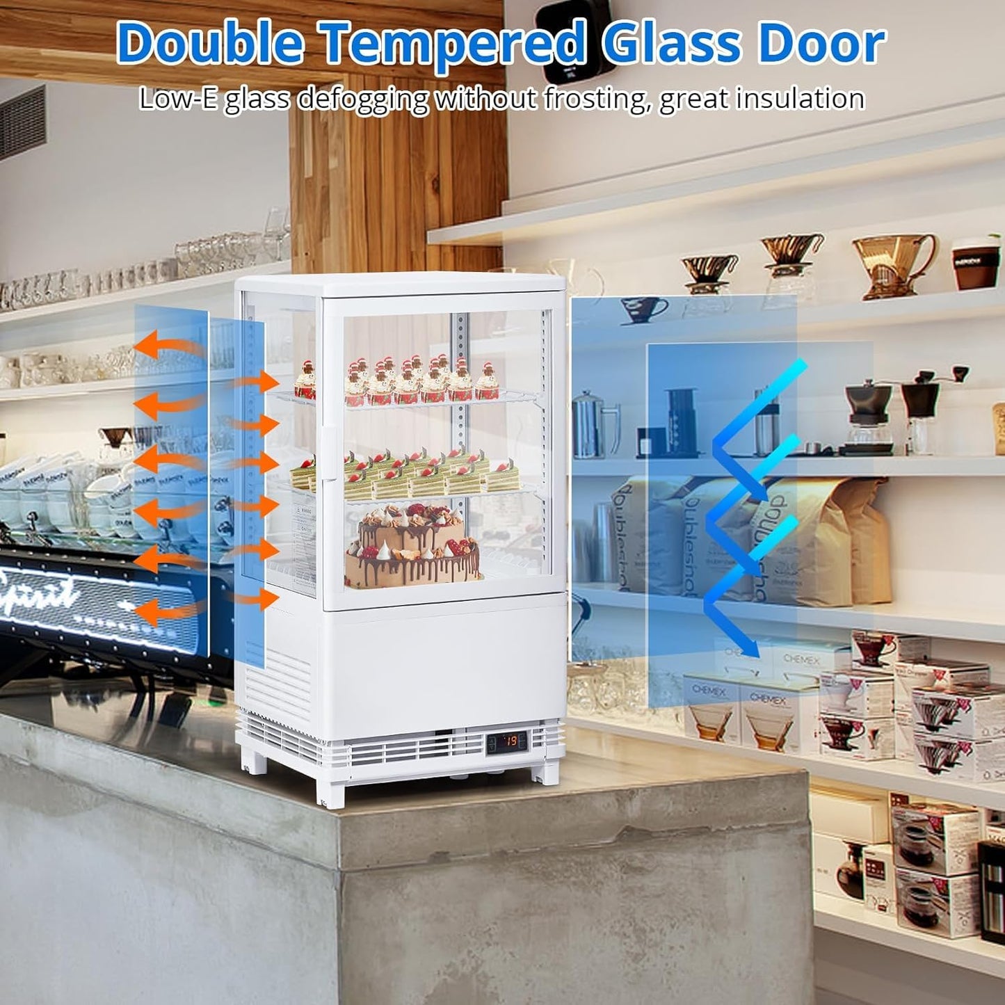 Litake Commercial Refrigerator Display Case, 2.1 Cu.FT Display Fridge Single-Door Pastry Display Case with Interior LED Lighting, Double-Layered Glass Commercial Countertop Bakery Display Refrigerator