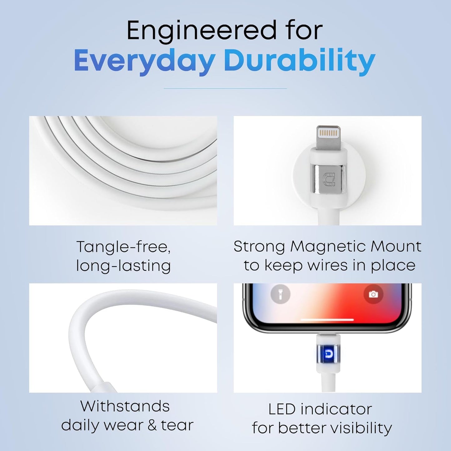 MAGNICPRO 6ft 514 LED Phone Lightning Cable with Magnetic Tip, Magnetic Cord Holder & Blue Night Glow Light Durable