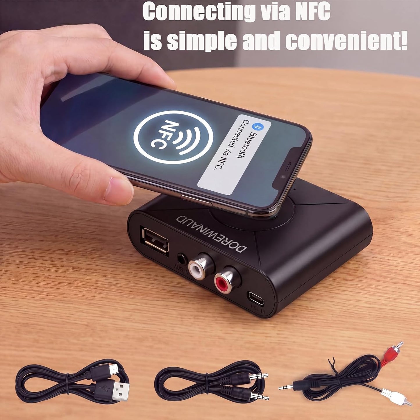 DOREWINAUD 5.3 Bluetooth Audio Receiver, Wireless Audio Receiver RCA Adapter for Stereo, USB Flash Drive/NFC One Key