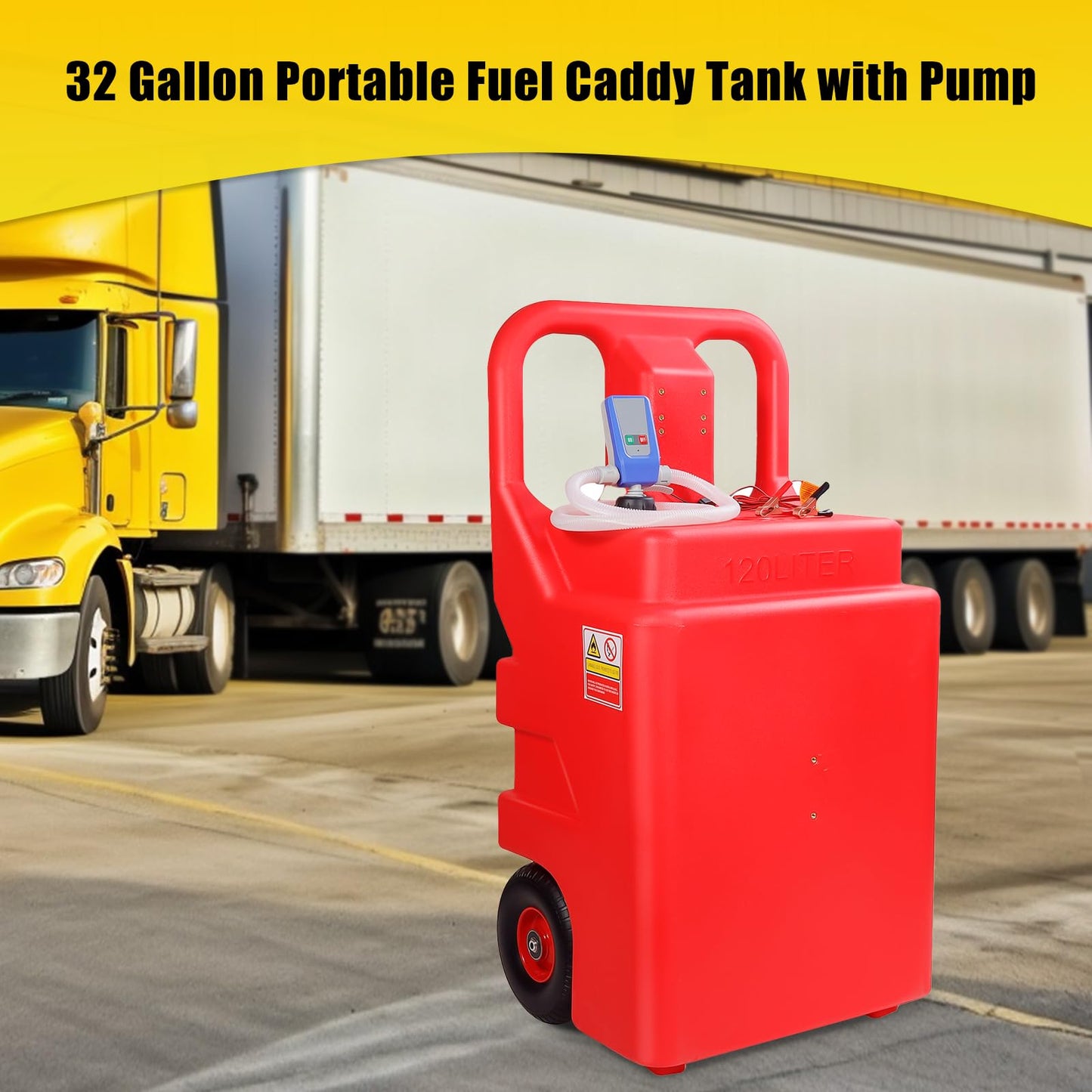 Automatic Fuel Transfer Pump with 32 Gallon Portable Fuel Caddy Tank, Auto-Stop Sensor Nozzle, AA Battery/12V DC 2 Power Modes, Tank Adapters, for Gasoline Diesel Fuel DEF Urea