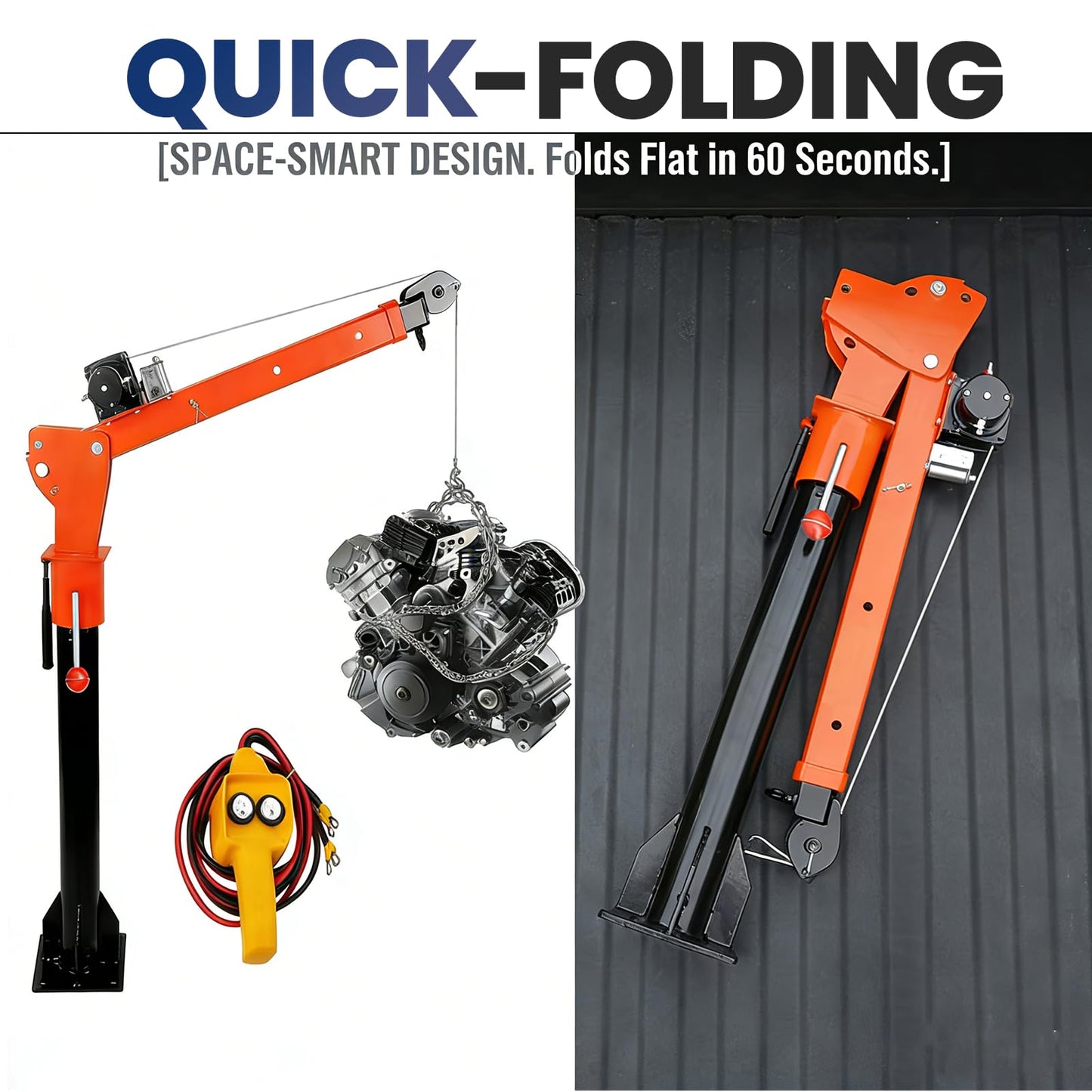 2500 lbs Dismountable Household Hoist Truck Crane | 5000 lbs Electric Winch | Foldable Truck-Mounted Bed Crane | 360° Swivel Jib Crane for Construction (1600 lbs with Electric Winch 4500 lbs)