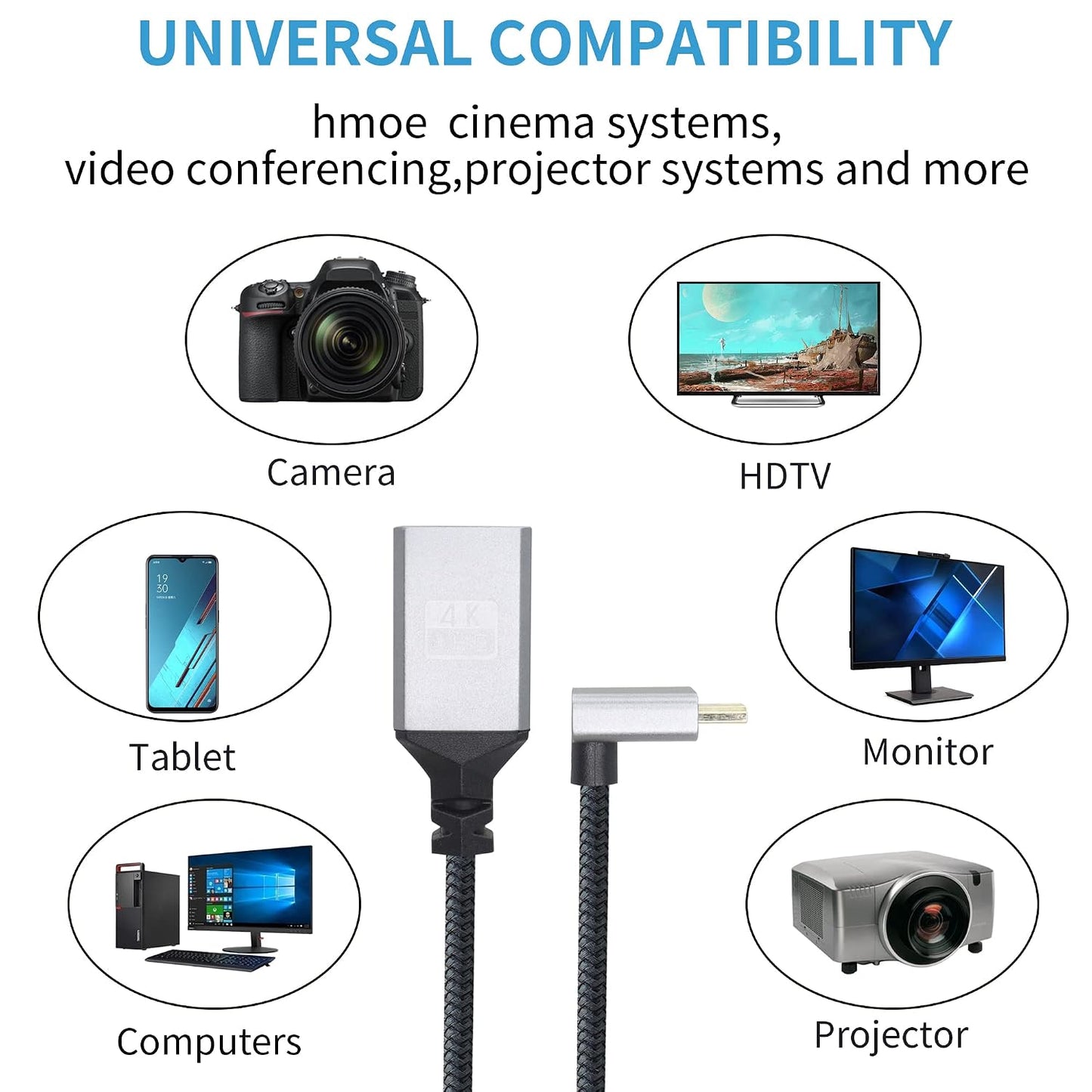 RIIEYOCA 4K Cable,90 4K etc.(20cm) Micro HDTV to HDTV Adapter Degree Up Angle Micro Male to Female Aluminum Short Nylon