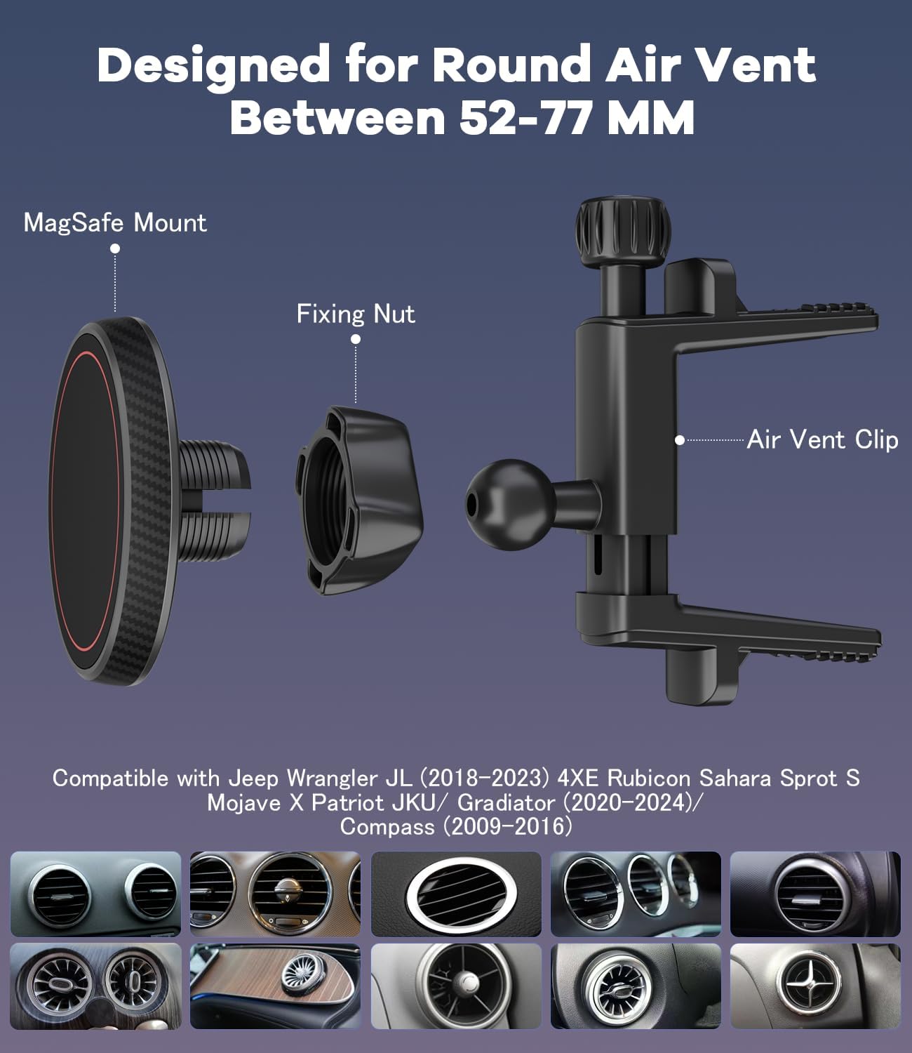 ALAFLY JL(2018-2025) (2020-2024) (2009-2016), 17 16 15 14 13 12 Magnetic Round Vent Car Phone Holder for Jeep Wrangler