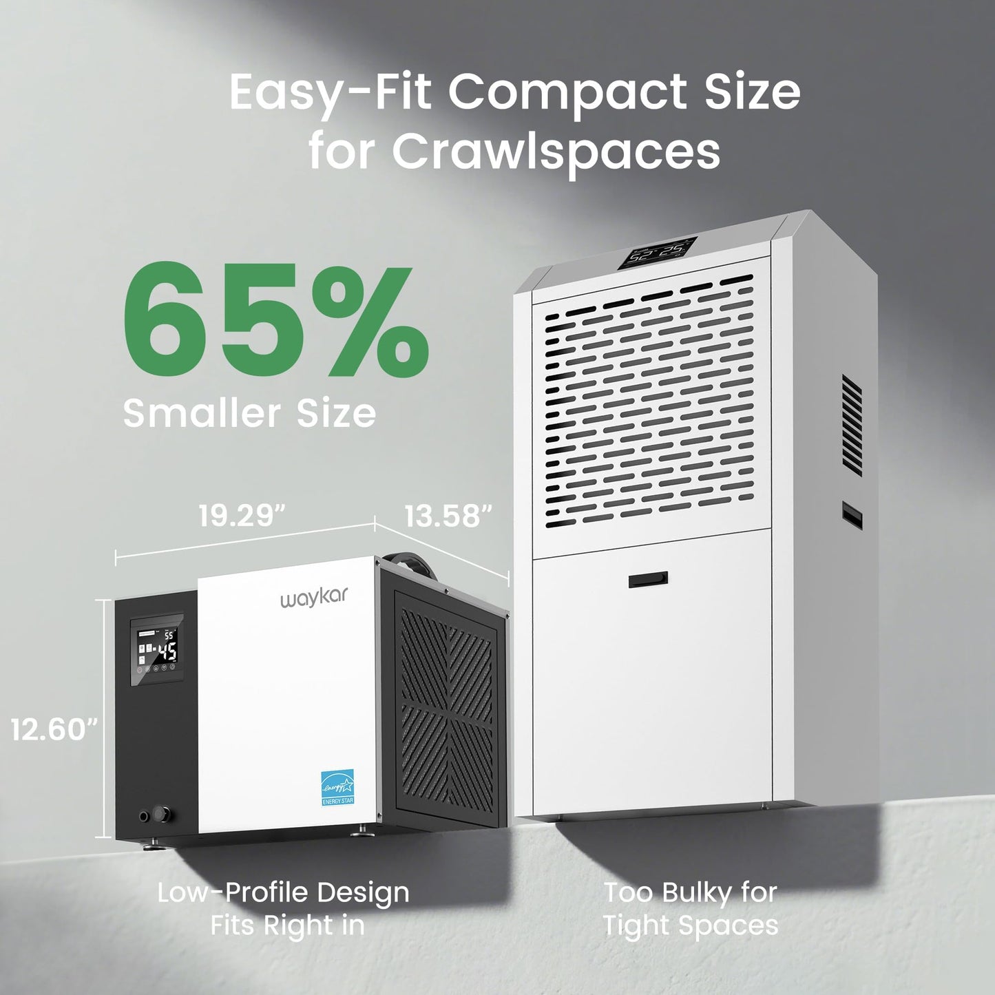Waykar 70 Pint Energy Star Crawl Space Dehumidifier with Drain Hose for Basements, Commercial & Water Damage Spaces up to 5000 Sq. Ft., Compact, Strong Dehumidification, 5-Year Quality Coverage