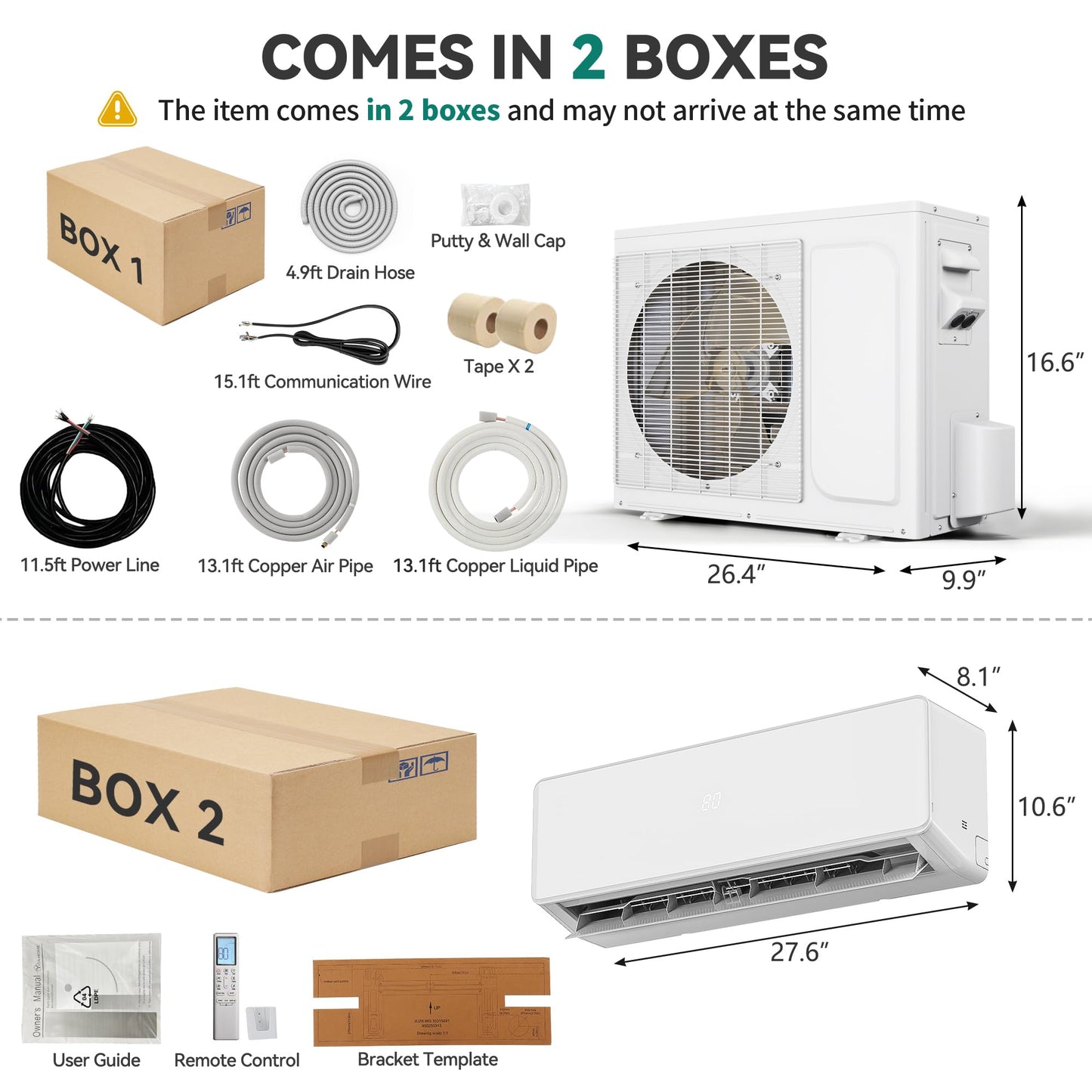 YITAHOME 18 SEER2 9000BTU Mini Split AC/Heating System 115V, Pre-charged Inverter AC Cool & Heat Up to 450 Sq. Ft, Pure Design, Compatible with 3 Level Eco Mode, Complete Installation Kit, White