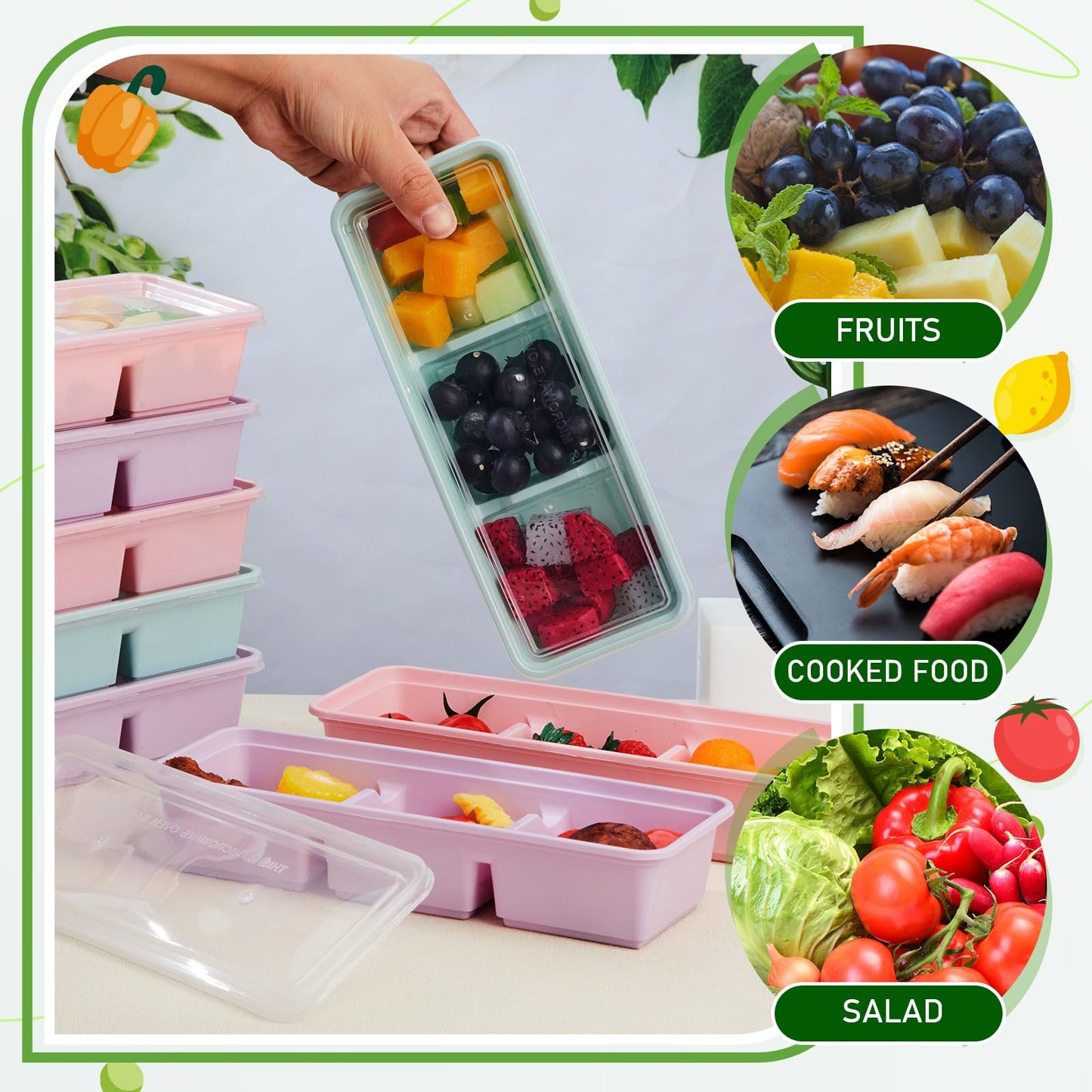 Hushee 10 Pack 17 oz Small Meal Prep Containers with 3 Compartments Snack Containers with Lid Disposable Plastic Bento Box Travel Lunch Food Boxes Stackable for Office Picnic (Purple,Pink,Mint Green)