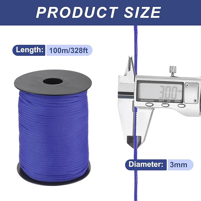 MECCANIXITY 1/8 Inch Polypropylene Rope Braided Ropes, 328ft Nylon Rope Hollow Utility Cord for Clothesline, Camping, Hiking, Outdoor, Dark Blue