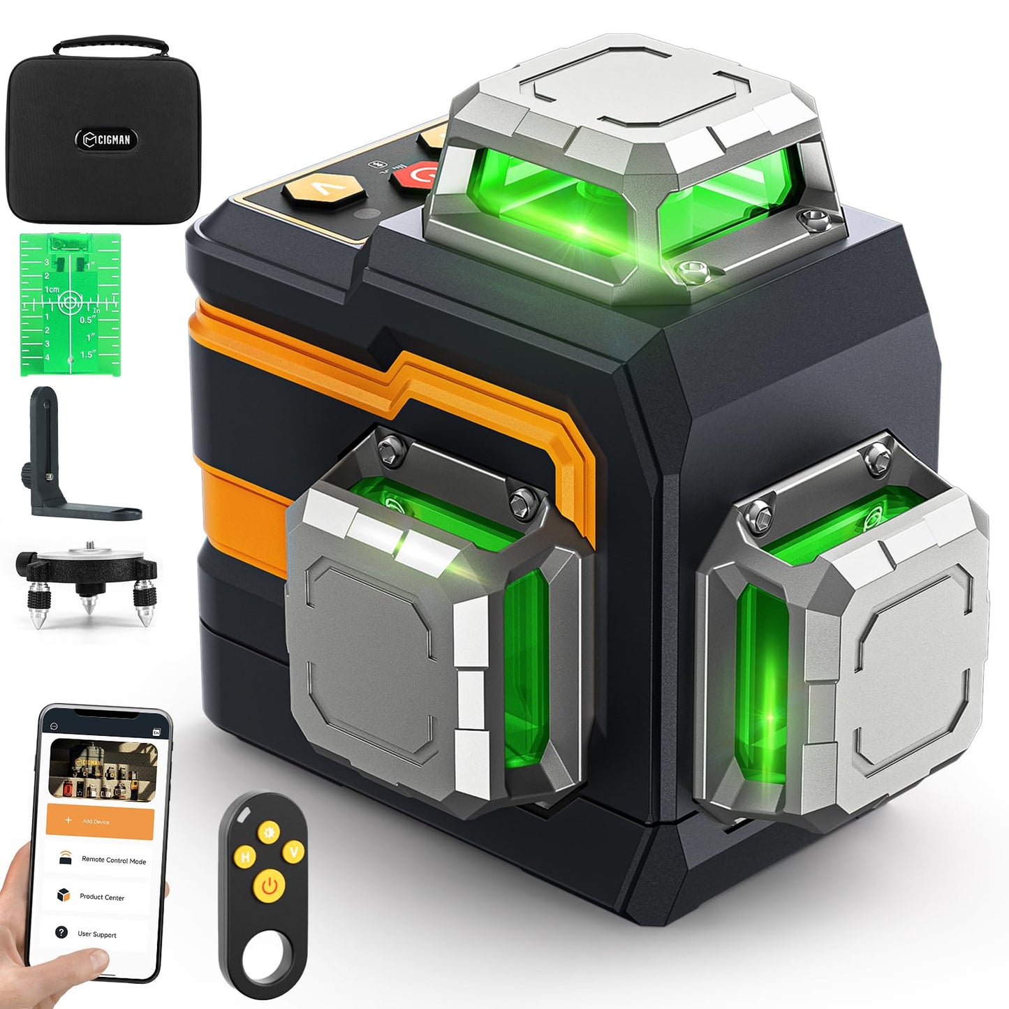 CIGMAN 3x360° Laser Level with Remote&APP Control, Green Self Leveling Cross Line Laser for Construction and Picture Hanging, 3D Vertical/Horizontal Line, Magnetic Rotating Stand Included