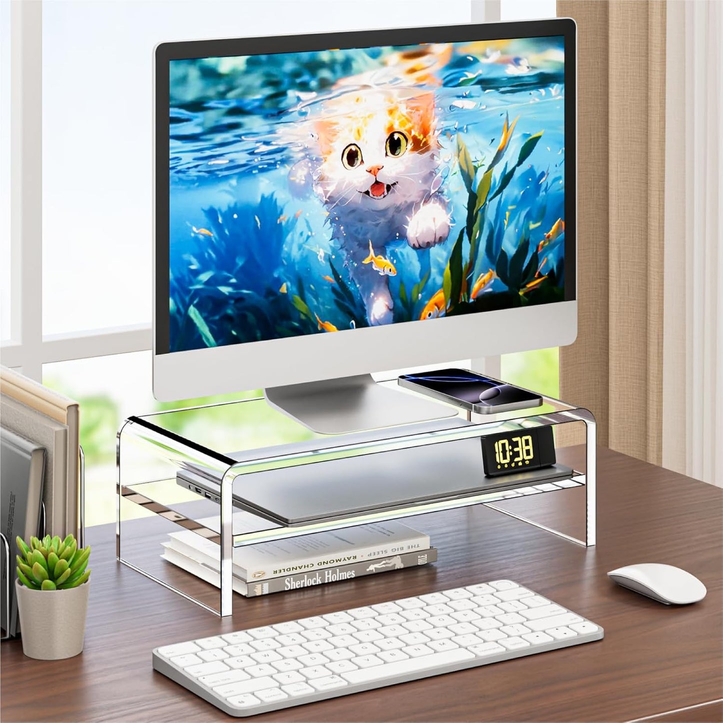 2 5.12 Inches Egchi Clear Acrylic Monitor Stand Riser Tier, High Clear Computer Desk Organizer Shelf for Multi Media PC