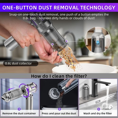 CUGEFRE Handheld Vacuum Cordless, 28000Pa 4 in 1 Car Vacuum Portable Cordless, One-Touch Dust Removal, 3-Speed Brushless Motor Mini Vacuum, Ideal for Home, Car, Office, and Pet Hair Cleanup, Silver