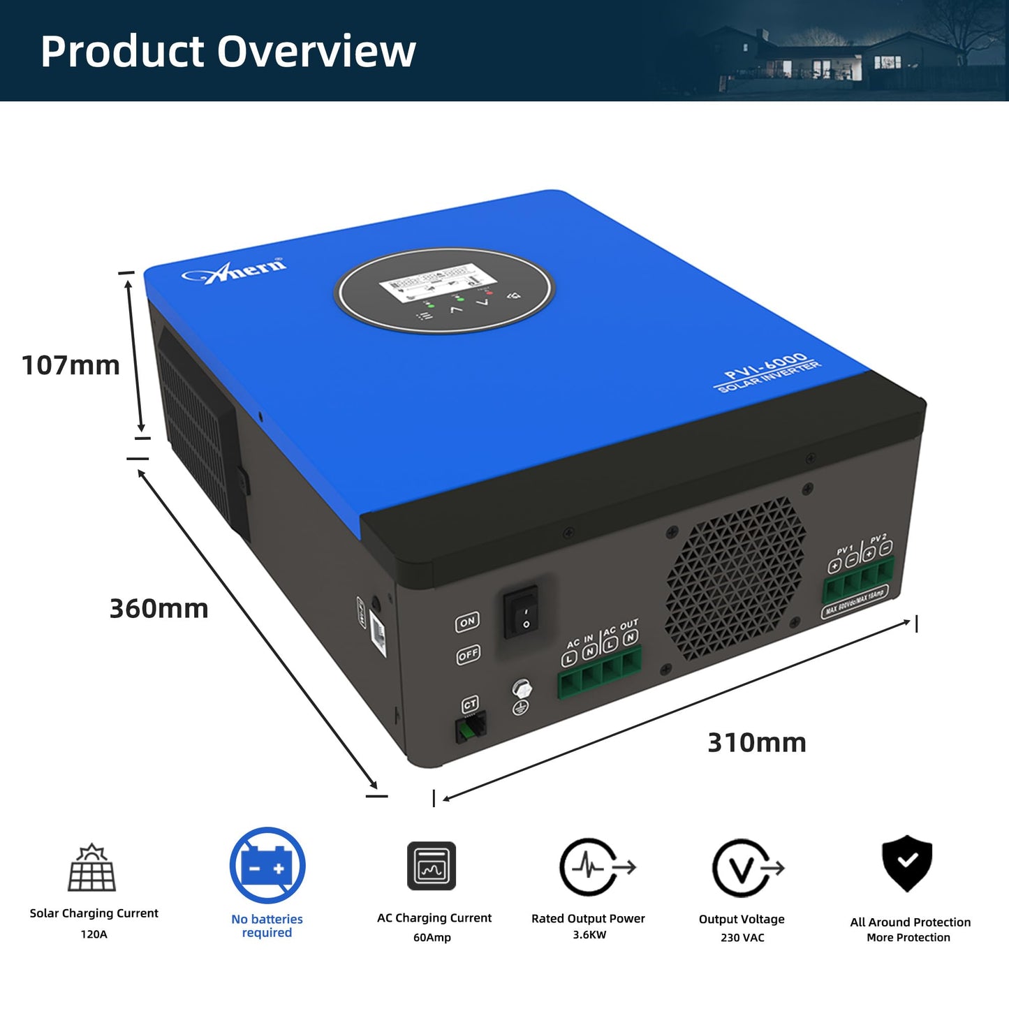 Anern 10KW Solar Inverter AC230V, Off-Grid Pure Sine Wave Inverter with 3 MPPT Solar Charger 13500W Solar Input & Battery-Free Design, Compatible with Water Pump, Generator & Home Appliances