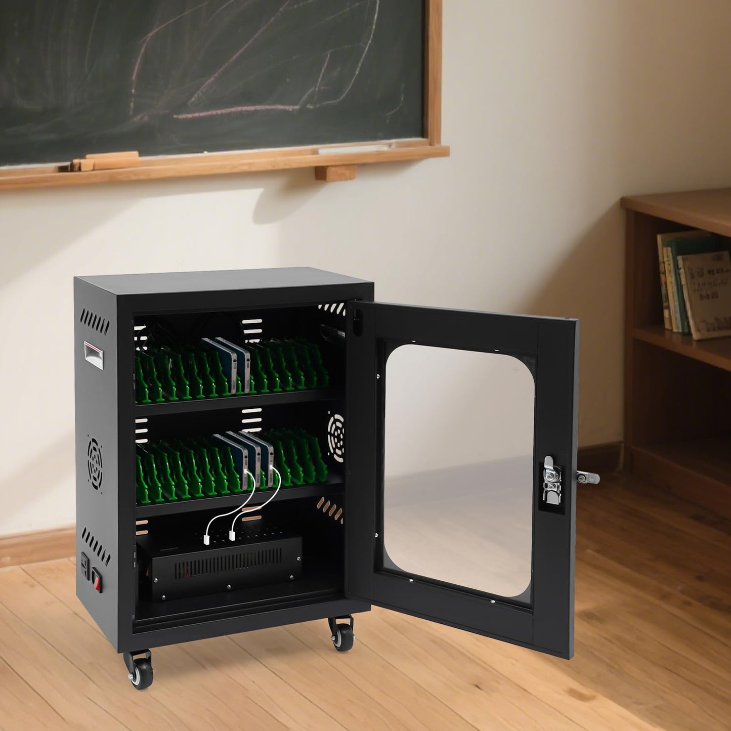 Ferroxen Mobile School Charging Cart Station, 30-Device Charging Station with Wheels, Lockable Cell Phone Storage Cabinet, for Schools, Libraries, Hospitals, Exhibitions (Black)