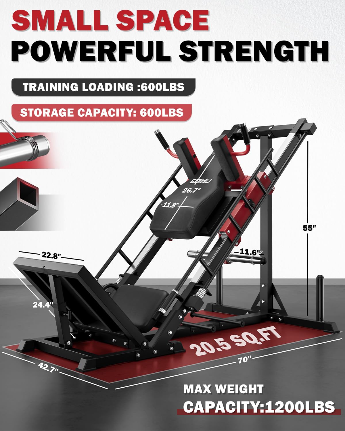 Goimu Leg Press Hack Squat Machine with Back Support Cushion, 3 in 1 Adjustable Leg Press & Hack Squat Machine with Quad Track Roller System