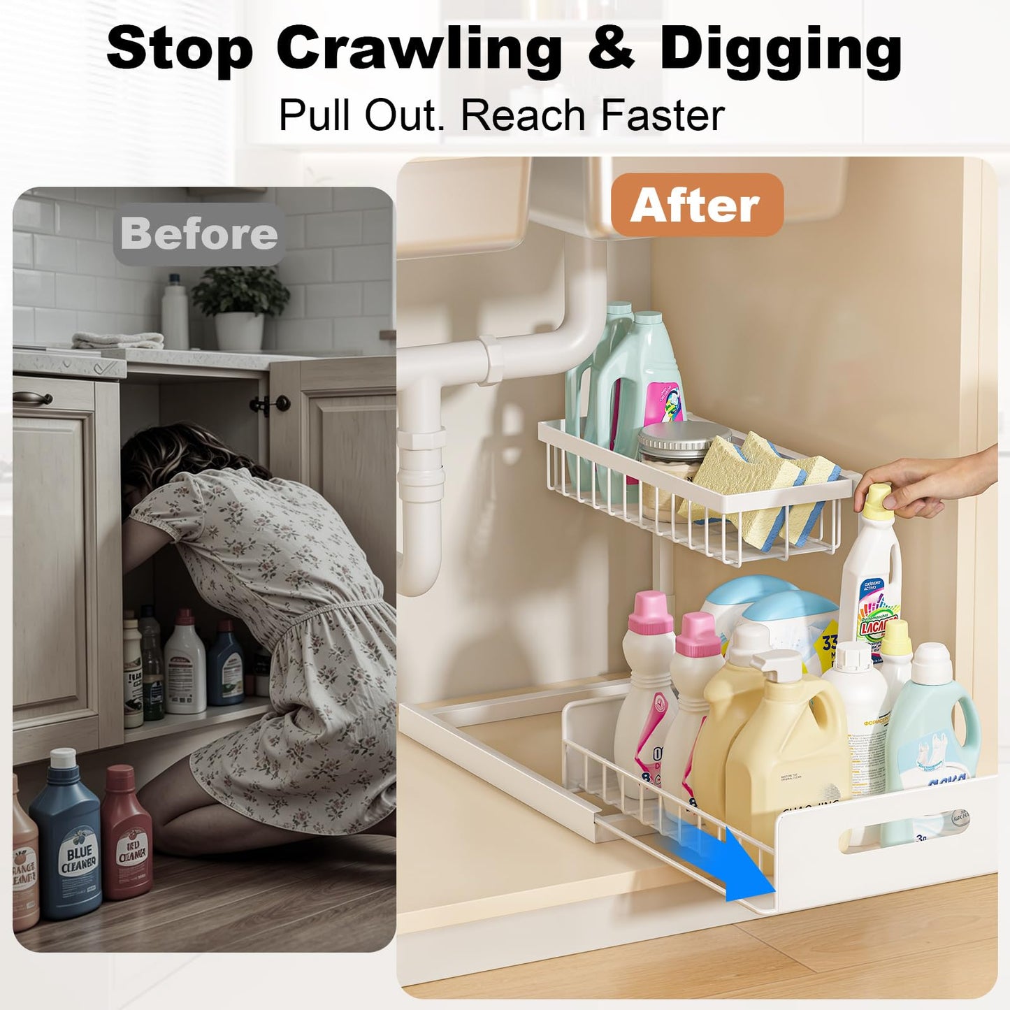 REALINN Under Sink Organizer, Pull Out Cabinet Organizer 2 Tier Slide Out Sink Shelf Cabinet Storage Shelves, Under Sink Storage for Kitchen Bathroom Cabinet, White, 1 Pack
