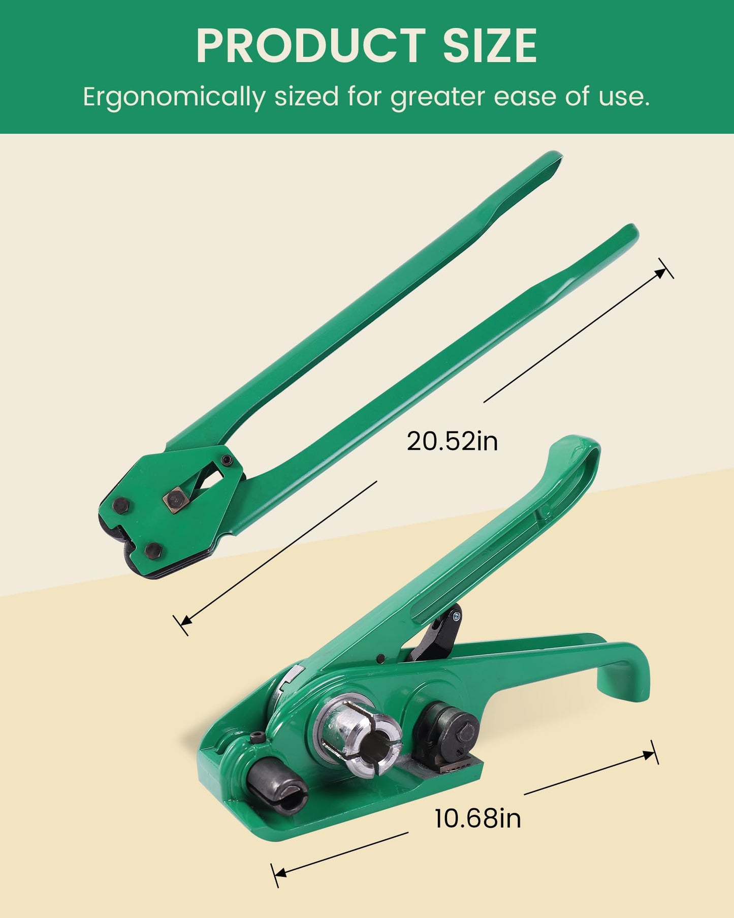 FoundGo PET Banding Strapping Kit for Heavy Duty Tough Pallet Packaging Strapping Tool with >1500lbs 5/8" x 2000' PET Strapping Roll & its own Pull-Out Box 200 Corner Protectors 450 Seals-Green