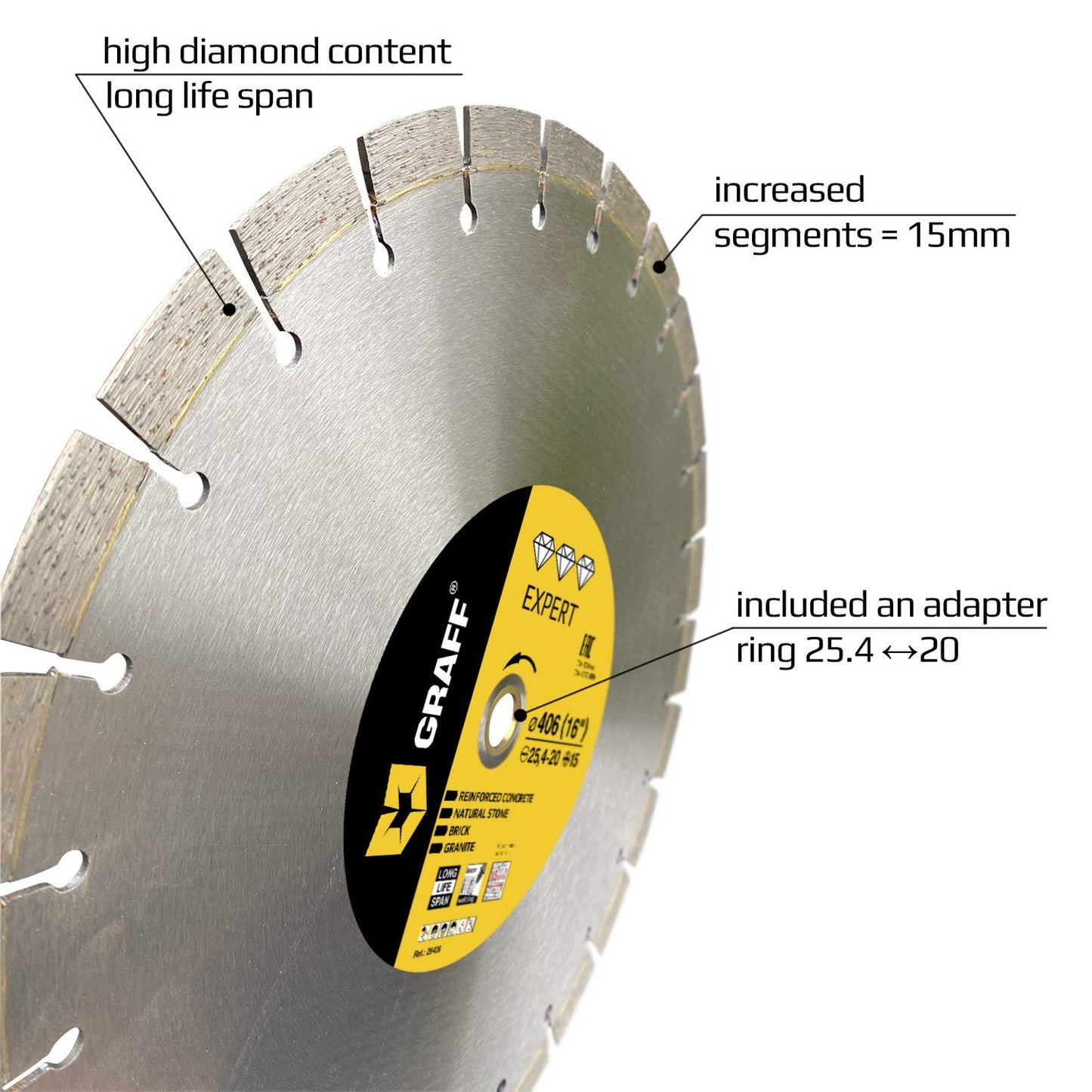 Laser Welded Diamond Blade 16 Inch — Diamond Cutting Wheel for Cutting Reinforced Concrete, Stone, Marble, Granite, Brick, Masonry — Diamond Saw Blade Segment Height 0.591 (15 mm) — GRAFF