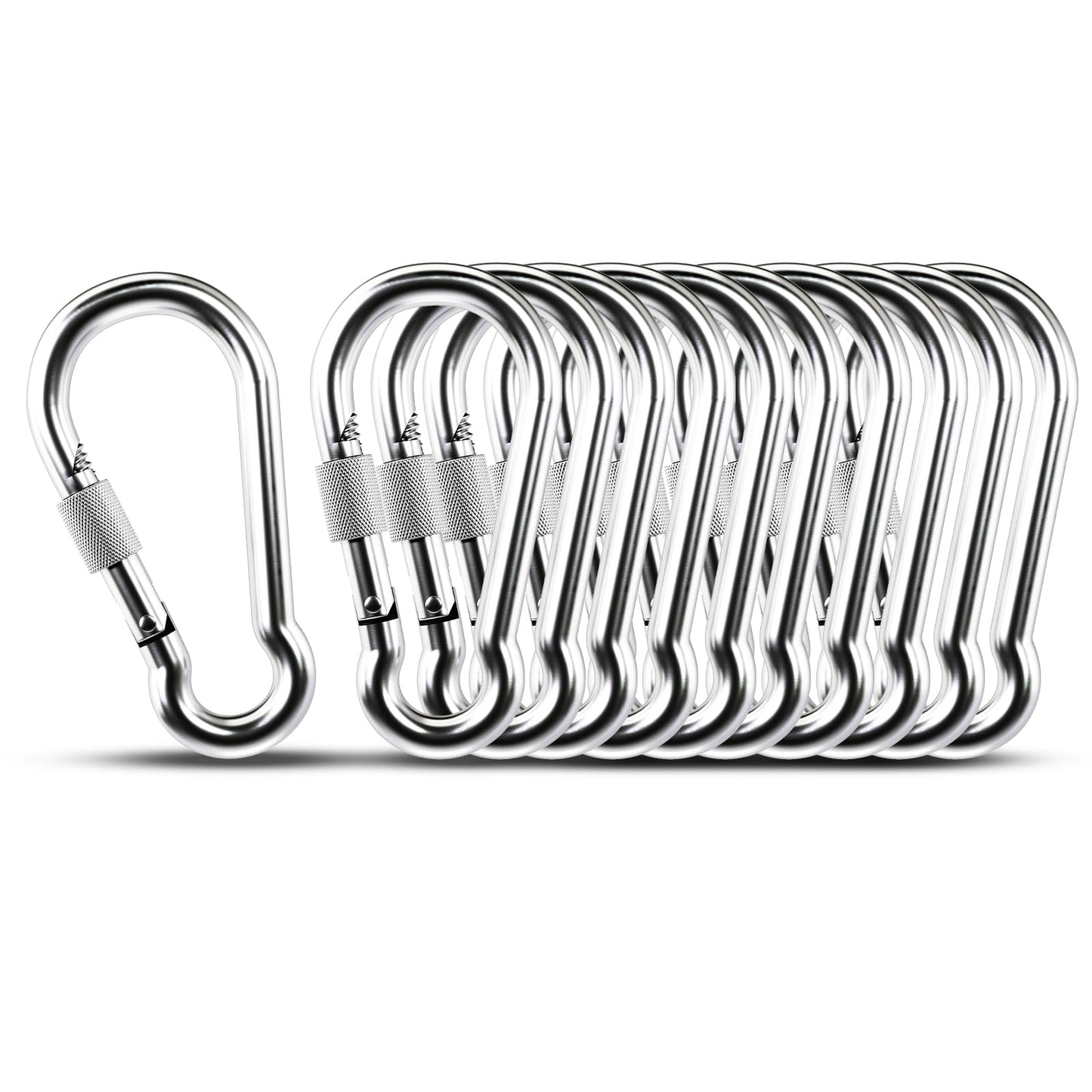 Locking Carabiner, 10 Pack 3.54 inch Heavy Duty Carabiner Clips, 304 Stainless Steel Spring Snap Hook, Screw Carabiners Keychain for Outdoor Camping, Swing, Hammock, Hiking, Quick Link
