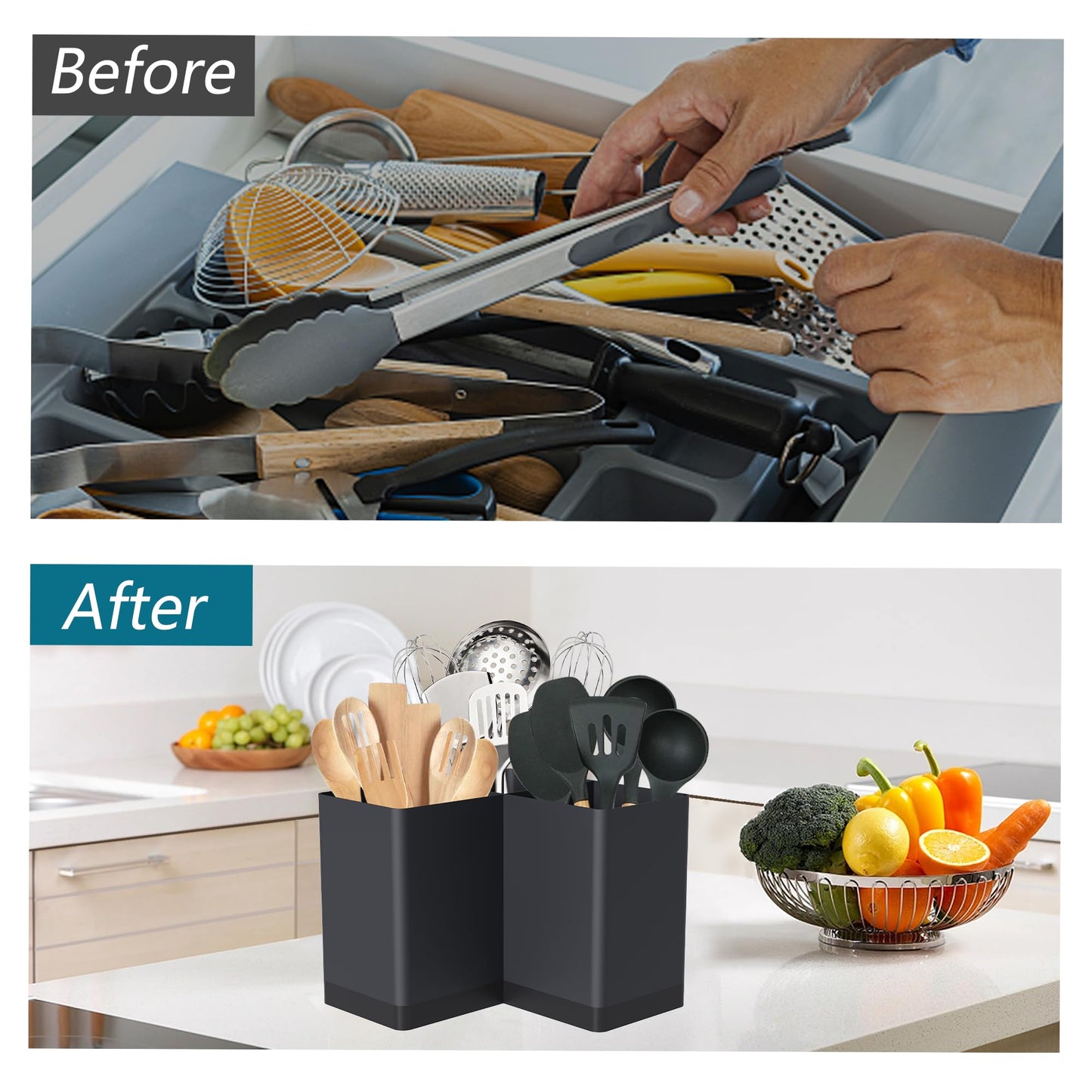 Suli Utensil holder, Kitchen Utensil Organizer for Corner Countertop,Extra Large Silverware Organizer with 3 Compartments,Farmhouse Decor, Iron, Black