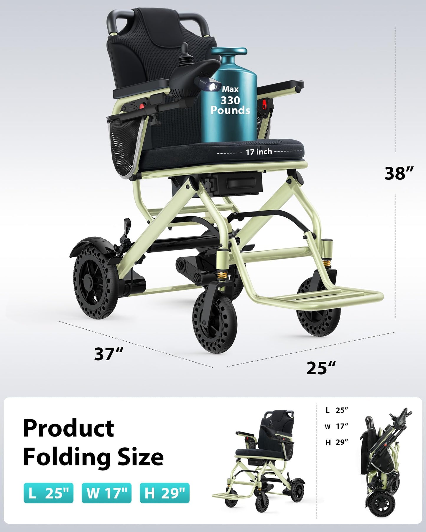 33lb Ultra Lightweight Electric Wheelchairs for Adults - 15 Mi Range & 360W Dual Motor, 330lb Capacity, 2s Instant Foldable Motorized Wheelchair with Removable Battery, Airplane Approved(Apple Green)