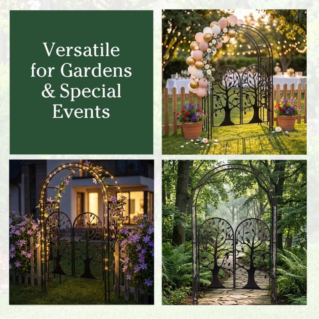 Plow & Hearth Arch Metal Outdoor Garden Arbor, 84 inches Tall, Iron Trellis Lattice for Climbing Plants, Wedding Arch, Outdoor Patio Décor (Tree of Life with Gate)