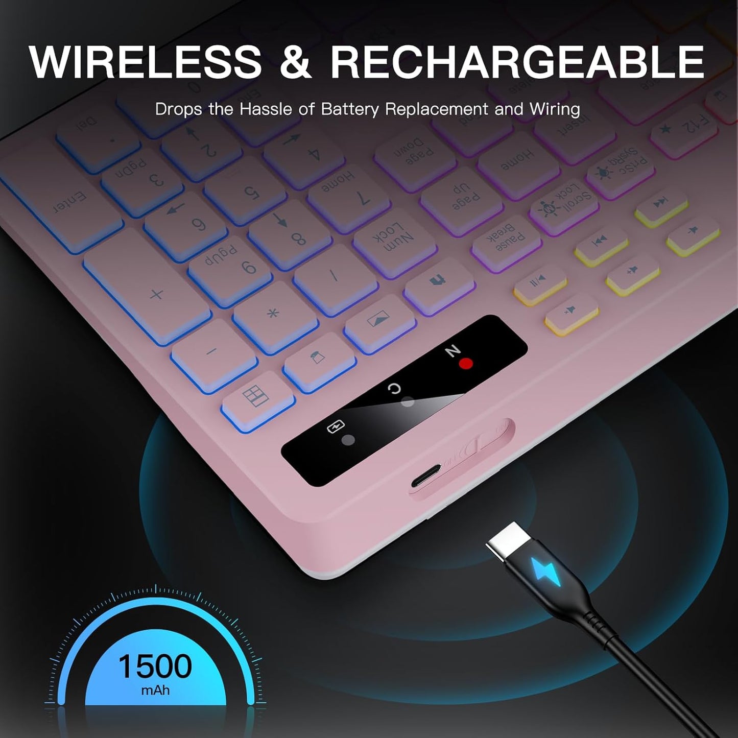 Soueto 7-Color 2.4G Wireless Keyboard with RGB Backlit, Full-Size Computer Keyboard with Phone Tablet Holder