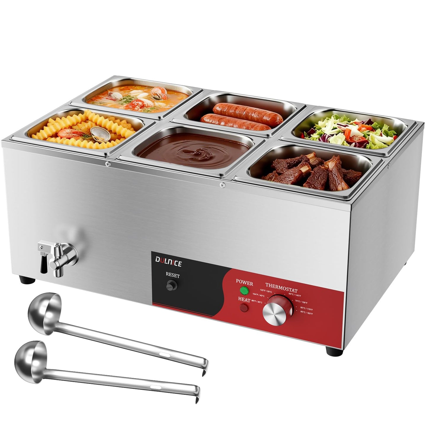 DULNICE 6-Pan Commercial Food Warmer, 1500W Stainless Steel Bain Marie with Anti-Dry Burn and Reset Button, Countertop Soup Warmer with Drain Tap, Soup Spoon for Buffet, Catering, Parties, Restaurants