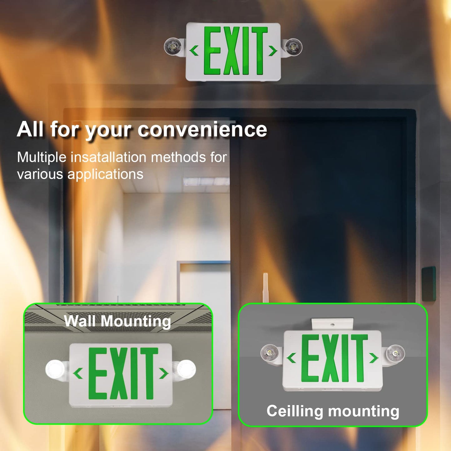GZRUIYANG Exit Sign with Emergency Lights Green, LED Emergency Exit Light with Battery Backup, UL 924 Certified, AC 120/277V, Commercial Emergency Lights Combo for Business - 2 Pack