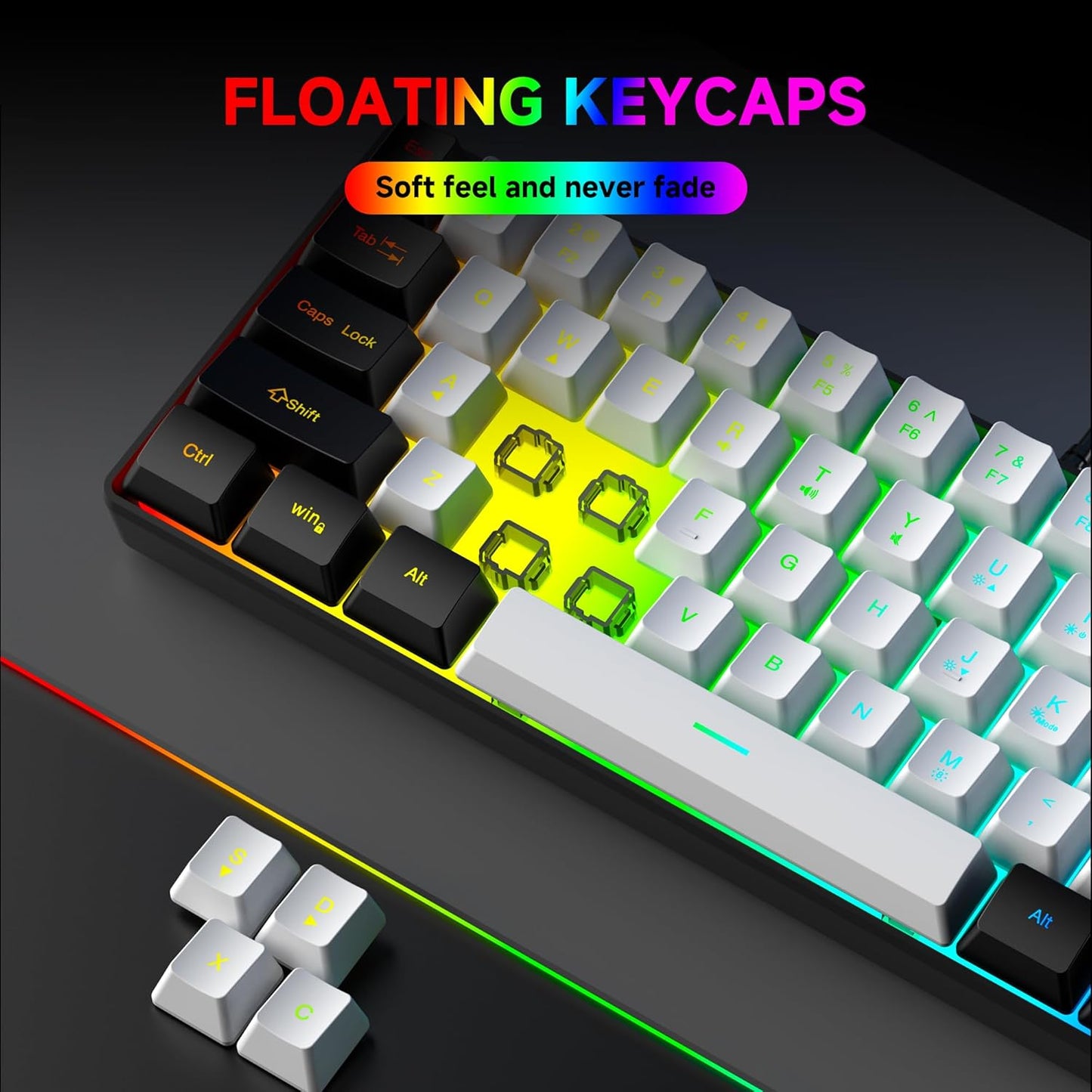 REBOCOON 61-Key 60% 8-Color 10/8/7) Compact RGB Gaming Keyboard Layout, Ergonomic Membrane Keys, Backlight, Plug & Play