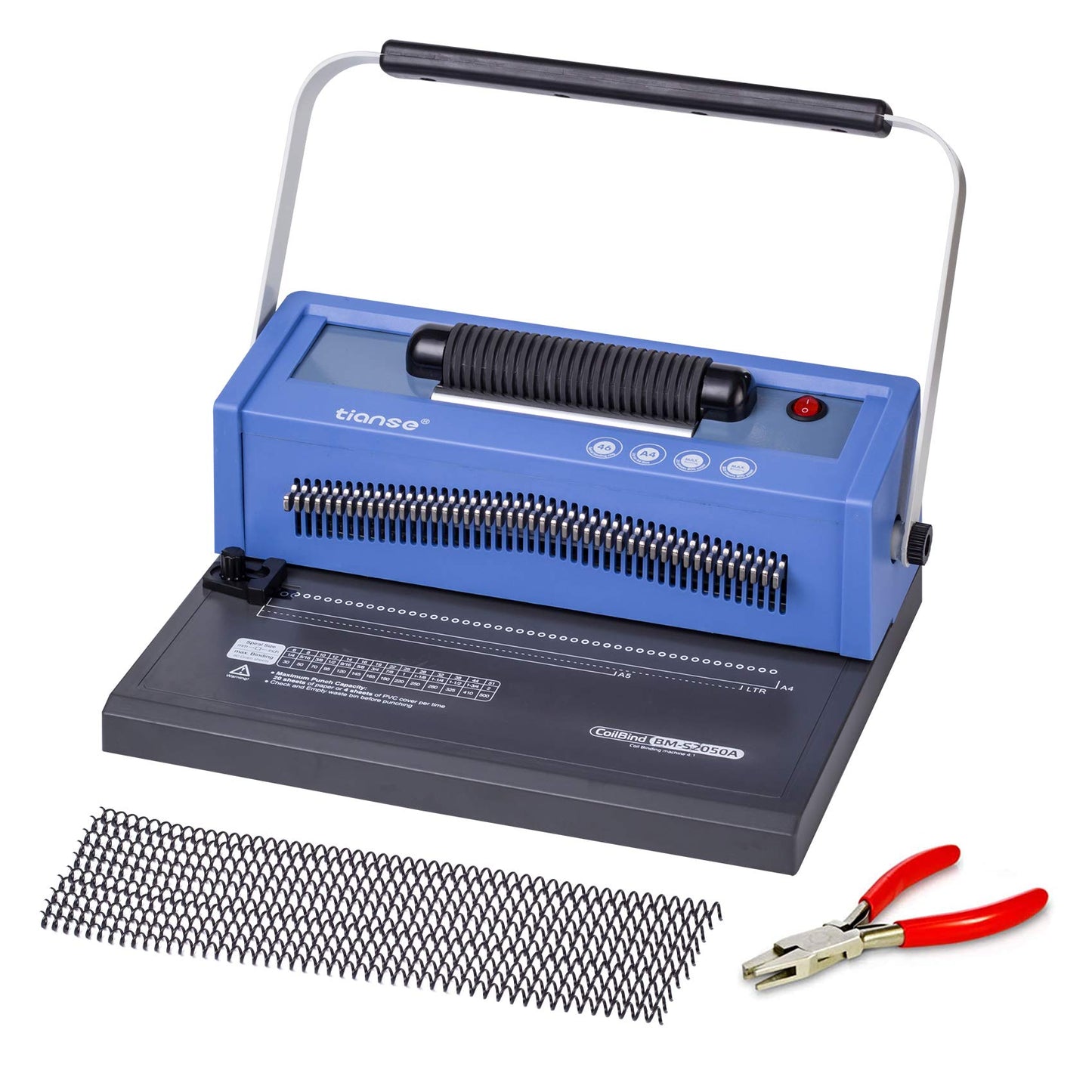 TIANSE Spiral Coil Binding Machine, Manual Book Maker Punch Binder with Electric Coil Inserter, Disengaging pins, Adjustable Side Margin, Comes with 100pcs 5/16'' Plastic Coil Binding Spines & Plier