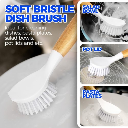 Holikme Dish Brush Set - 6 Pack with Long Handle, Bottle Brush & Palm Scrub for All Cookware - White