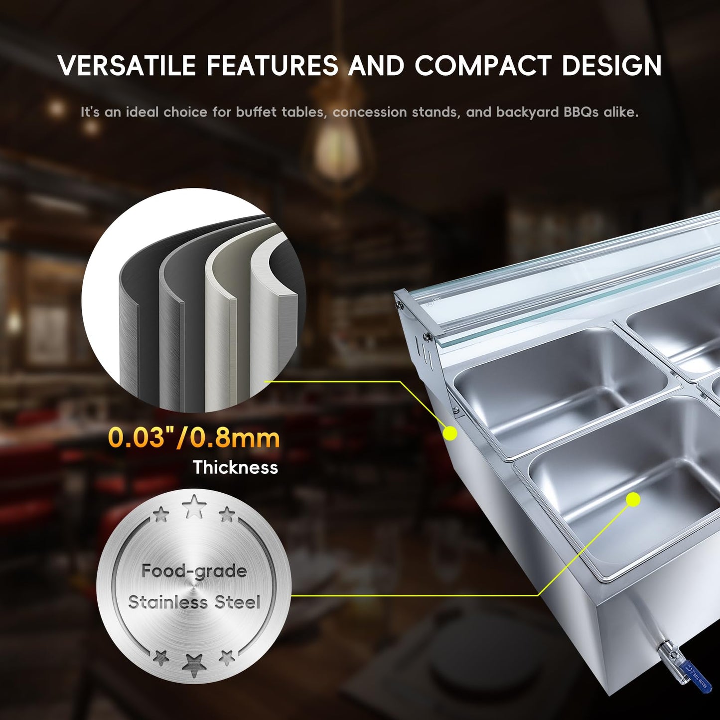 6-Pan Commercial Food Warmer, 72 Qt Electric Steam Table, Stainless Steel Bain Marie with Tempered Glass Cover, 1500W Countertop Food Warmer 86-185°F Temp Control for Catering, Restaurant, Silver