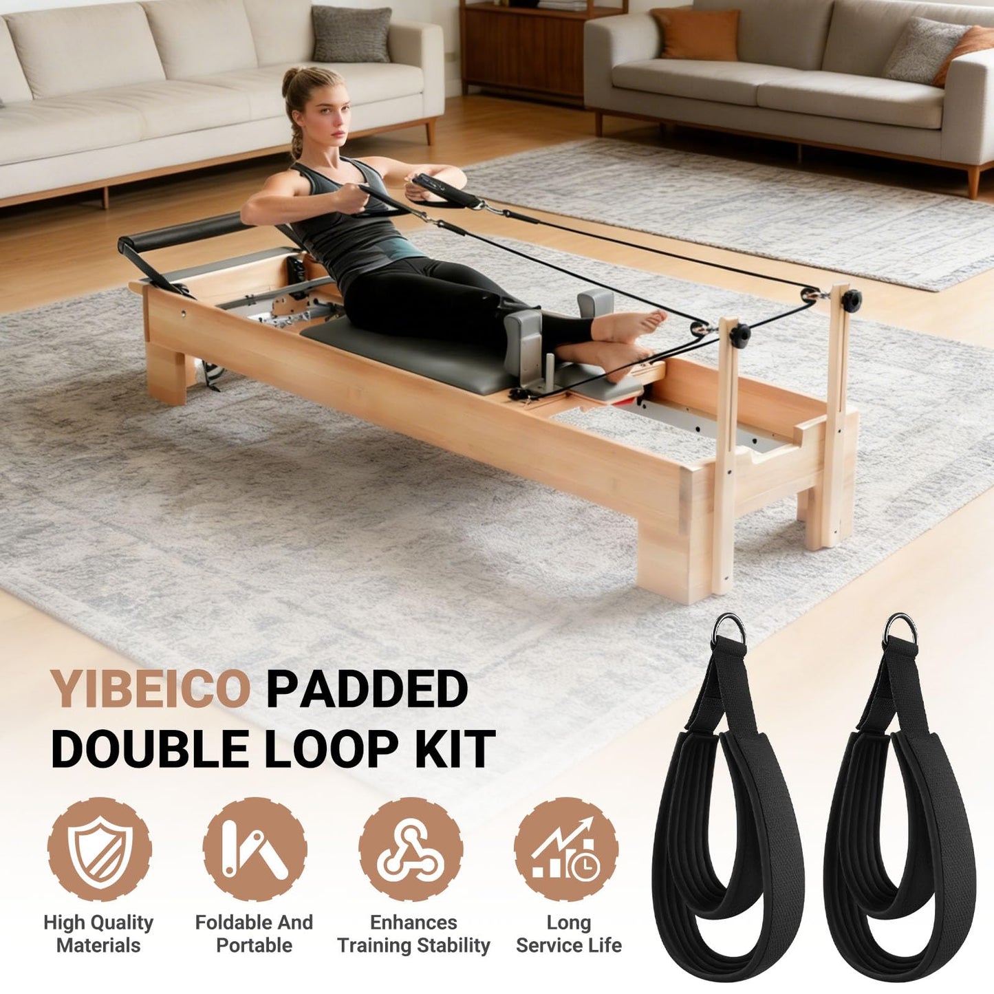 YIBEICO Padded Double Loop Kit for Balanced Body Pilates Reformer, Straps with D Rings for Studio, for Clinical, for Allegro 1 Pilates Reformers Equipment