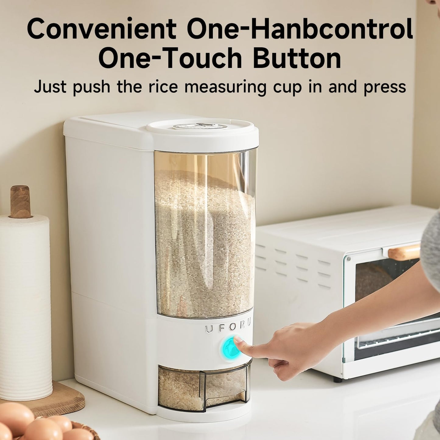 UFORU Rice Dispenser 20 lbs | Large Rice Storage Container for Kitchen&Pantry - Space-saving, Moisture & Pest-proof, BPA-Free - Dry Food Dispenser with One-Touch Dispenser & Measuring Cup for Families