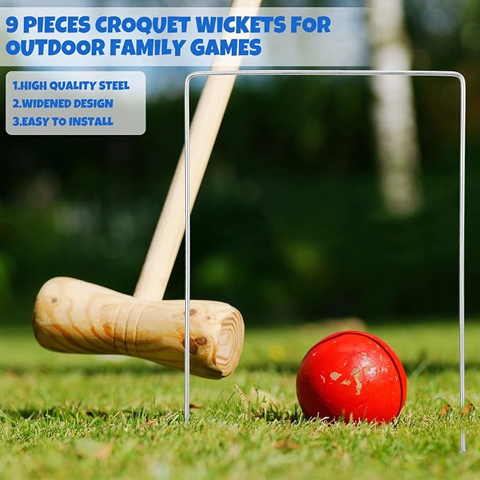 Deekin Set of 9 Croquet Wickets Replacement for Croquet Metal Hoops with Galvanized and Plastic Coating for Family Lawn Backyard Outdoor Game(Square)
