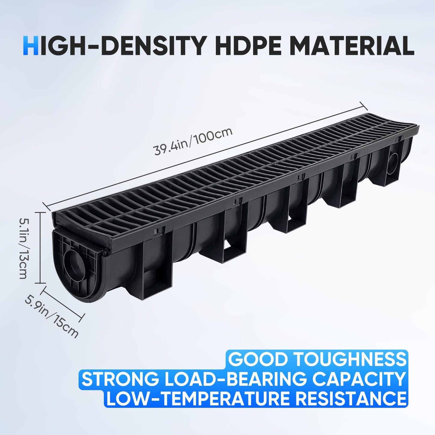 Trench Drain System, Channel Drain with Plastic Grate, 5.9x5.1-Inch HDPE Drainage Trench, Black Plastic Garage and GardenDrain, 6x39 Trench Drain Grate, with 6 End Caps,Convenient Assembly（6 Pack）