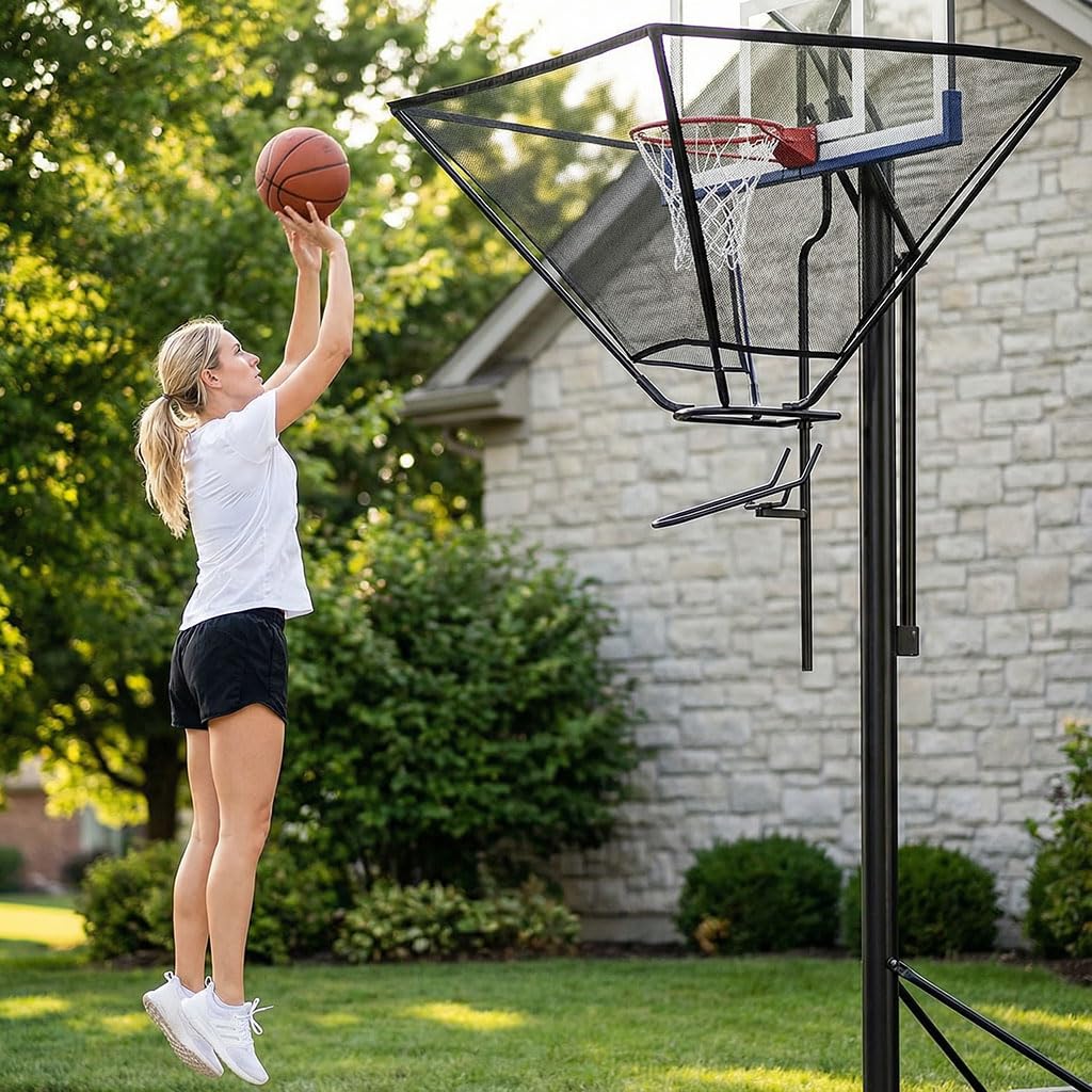 Basketball Rebounder Attachment & Returner Shooting Machine - Portable Hoop-Mounted Return Net System, 180° Rotating Chute for Continuous Solo Practice, Fits Standard 18″ Rim