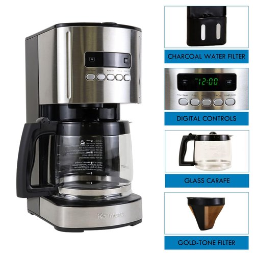Kenmore Drip Coffee Maker - 12 Cup Programmable Cafe Machine With Glass Pot, Regular & Bold Brew, Auto Shut Off Large Water Reservoir, Reusable Filter, Kitchen Appliances For Cafeteria Barista, Black