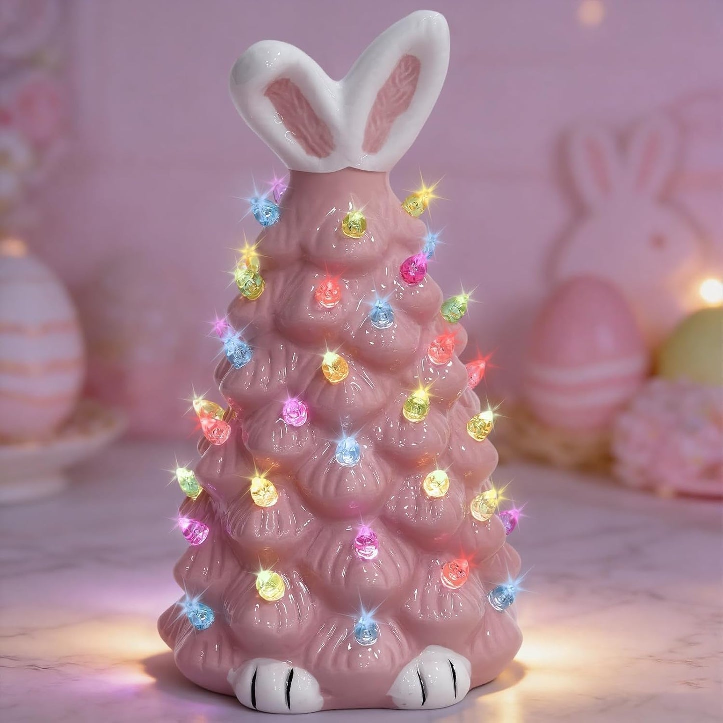 Skiennix Cute Ceramic Easter Bunny Decor - Light-Up Spring Tabletop Decoration for Kids (Pink)