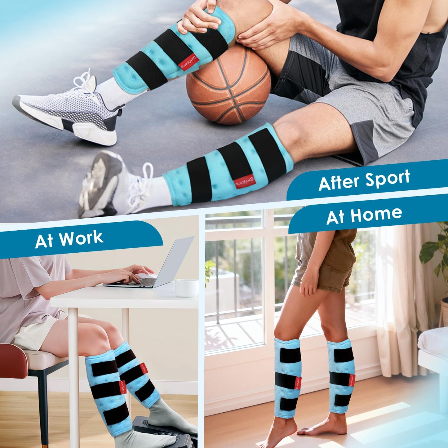 Comfytemp Calf Shin Splint Ice Packs for Injury Reusable, Elbow Gel Pad Wrap, Hot Cold Compression Freeze Sleeve for Swelling, Tendonitis, Knee, Leg, After Surgery, 2 Packs, S - M
