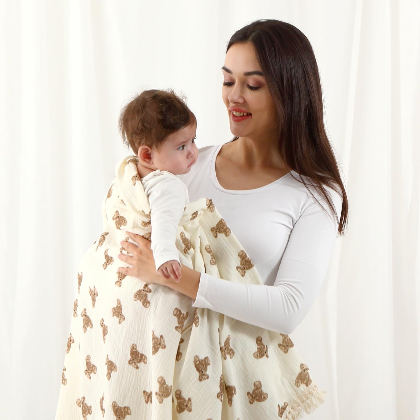 insular Cotton Muslin Baby Blanket with Tassel, Boho Bohemian Muslin Swaddle Blanket Baby Receiving Blanket with Fringe, Nursery Decor Throw or Nursing Blankets, 47" x40”, Little Bear