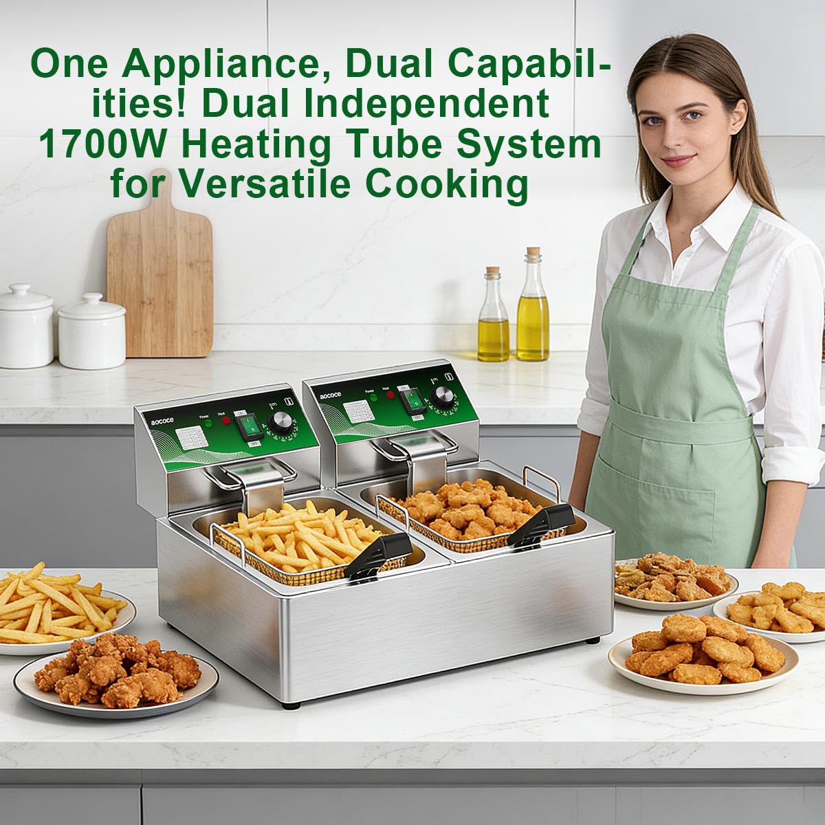 10L+10L (10.57QT+10.57QT) Dual Electric Fryer with 2 Baskets - 3400W Stainless Steel, One-Touch Switch & Temp Control, Commercial Countertop Frye