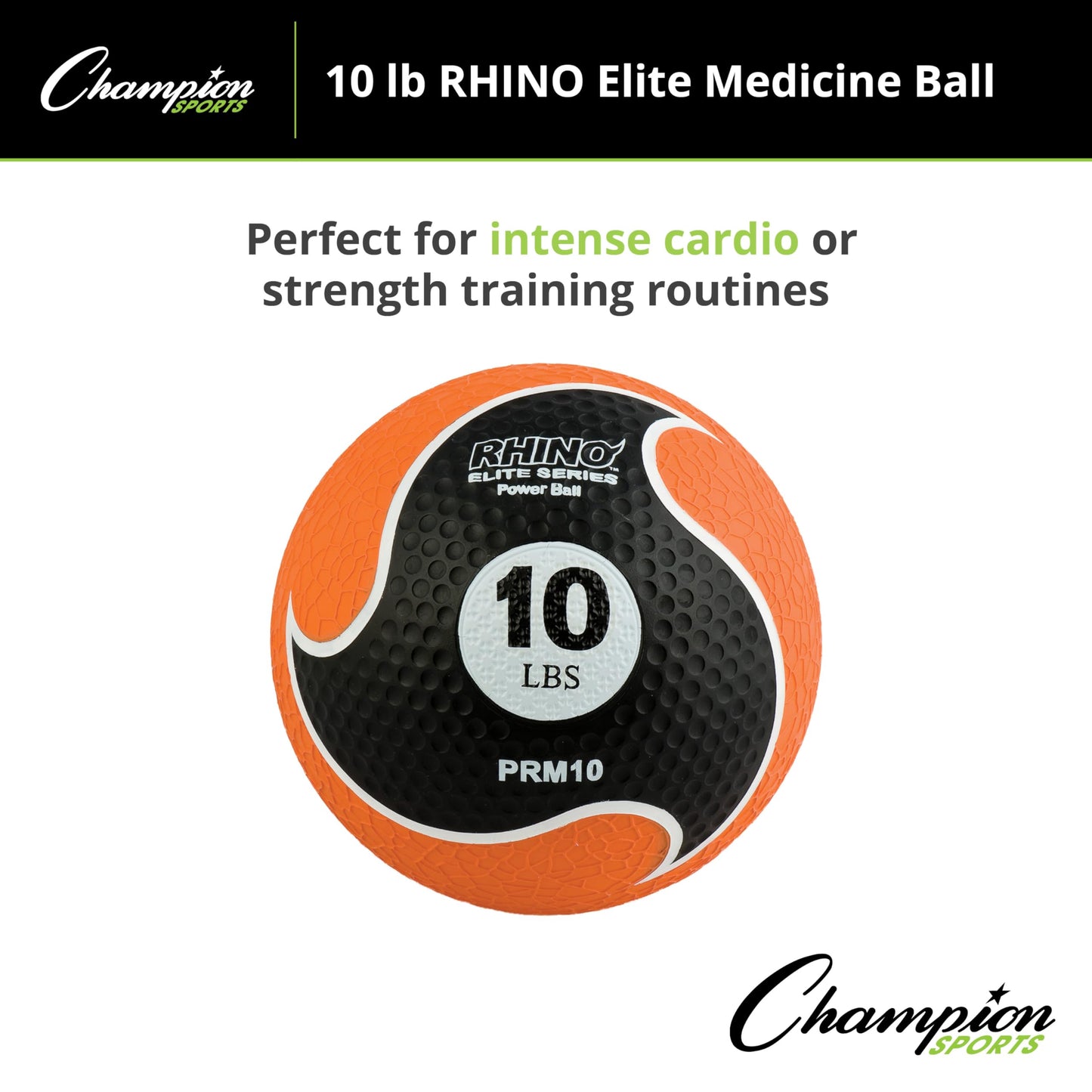 Champion Sports Rhino Elite Medicine Ball-Durable Rubber Weighted Ball & Textured Grip for Core Strength-Cardio & Cross-Training Workouts-Home or Gym Fitness-Orange (10lbs)