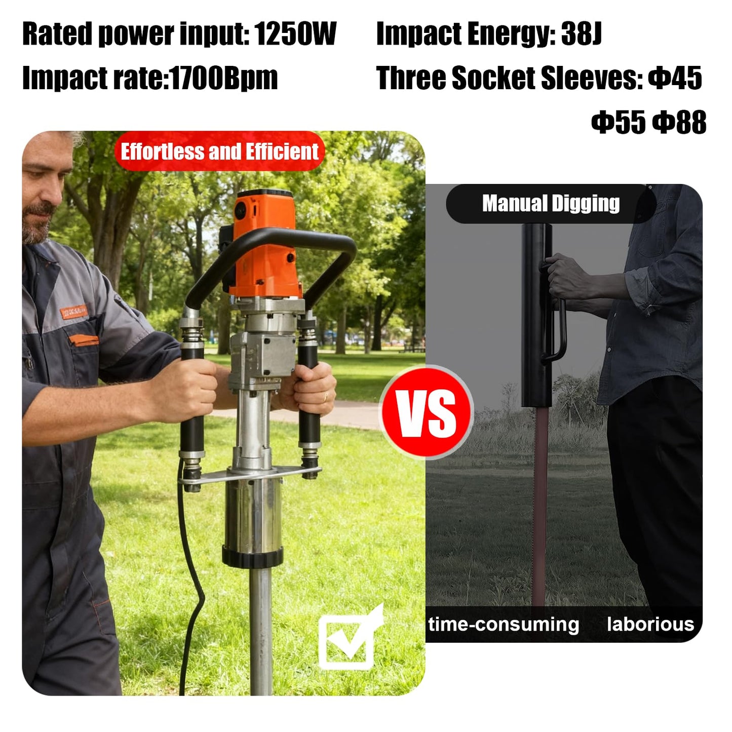 HIGOSPRO 1250W Electric T Post Driver - 110V Handheld Pile Driver with 1700 BPM, 3 Pile Sleeves (45mm/55mm/88mm) for Fencing & Construction