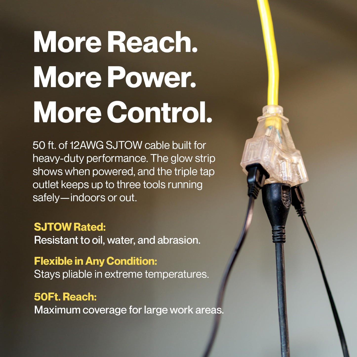 ReelWorks Extension Cord Reel Retractable 12AWG x 50' Foot 3C/SJTOW Glow Strip Cable and Lightup Triple Tap Connector Advanced Slow Retraction Technology (SRT)