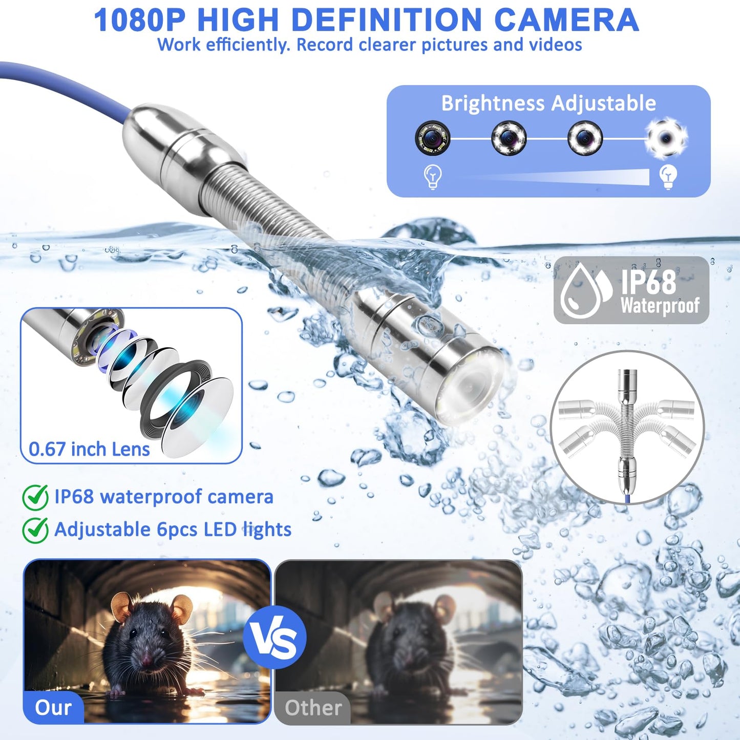 Sewer Camera,Pipe Drain Inspection Camera with DVR, Plumbing Snake Camera with Light, 7'' HD 1080P IPS Screen,16X Digital Zoom,32GB Card,100FT/30M,IP68 Waterproof Borescope for Industrial Plumber