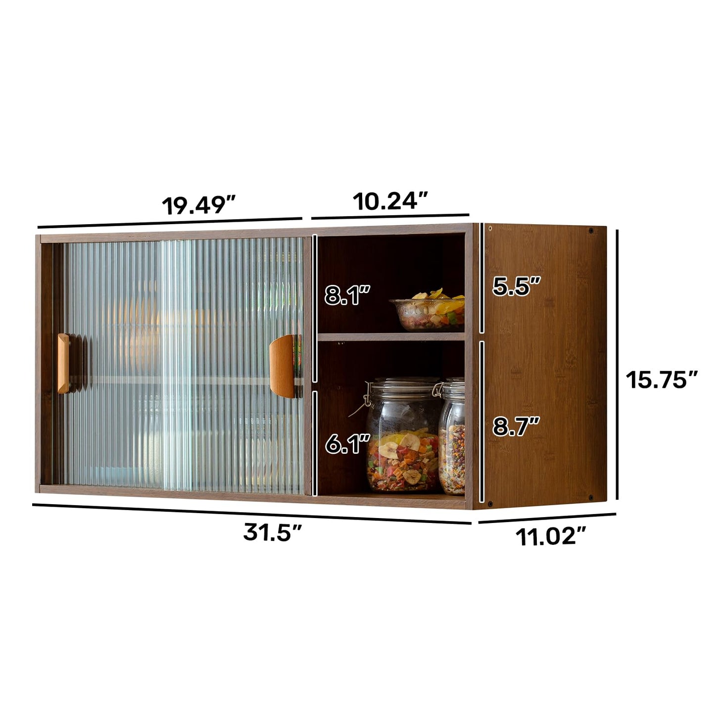 HollyHOME Bamboo Wall Mounted Kitchen Sideboard with 2 Glass Doors and Adjustable Shelves, Freestanding Wall Storage Cabinet with Side Shelf for Bottle, Dish, Bowl, Console Dining Cupboard, Walnut