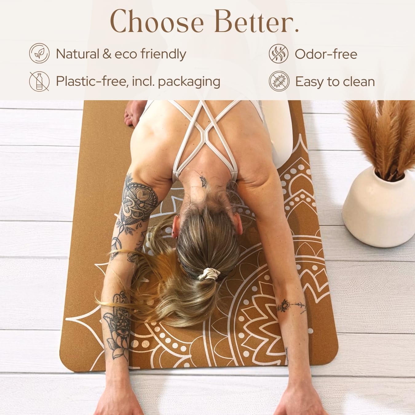 Boho Flow Aesthetic Cork Yoga Mat 72” x 26” – Elegant Signature Mandala Design on Quality Portuguese Cork with 5mm Solid Tree Rubber Base for Lasting Stability – Non Slip Grip, Odor Free and Non Toxic – Includes Carry Strap